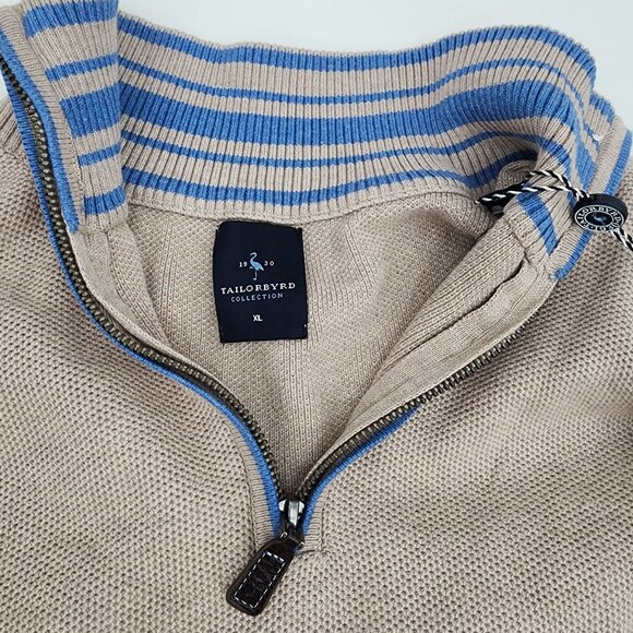 TailorByrd Men’s XL 1/4 Zip Sweater Beige Blue Trim Cotton Knit Pullover New - Picture 4 of 9